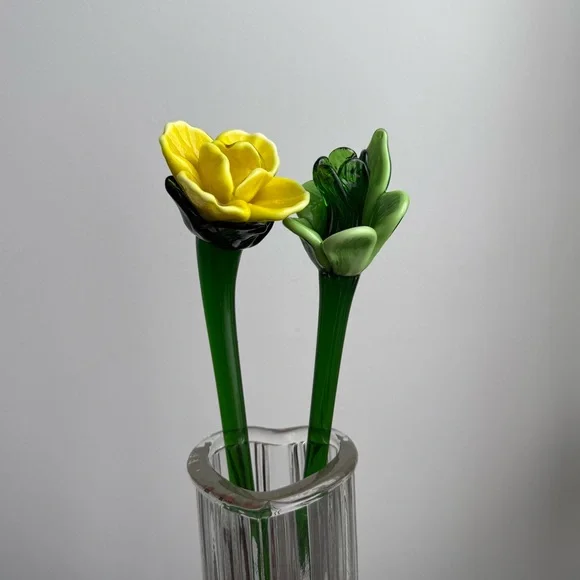 2 Murano Blown Glass 12” Flowers Yellow Green Vintage Decor - Picture 13 of 16